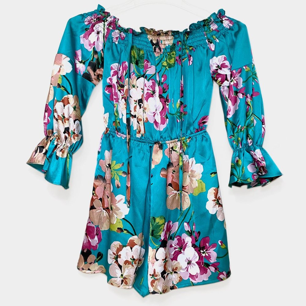 Off-Shoulder Teal Floral Romper by Misguided